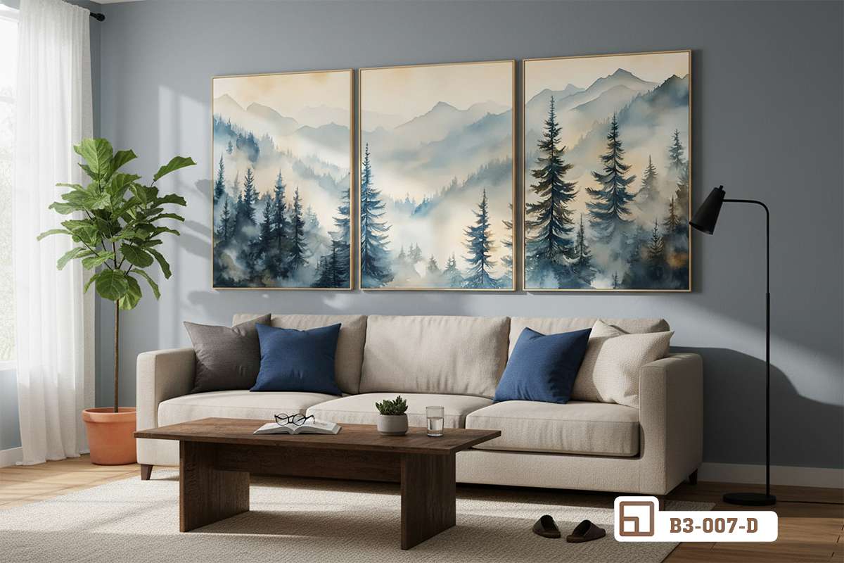 tranh rung thong trang tri phong khach hien dai Tranh rừng thông sương mù trang trí phòng khách hiện đại với sofa màu trung tính