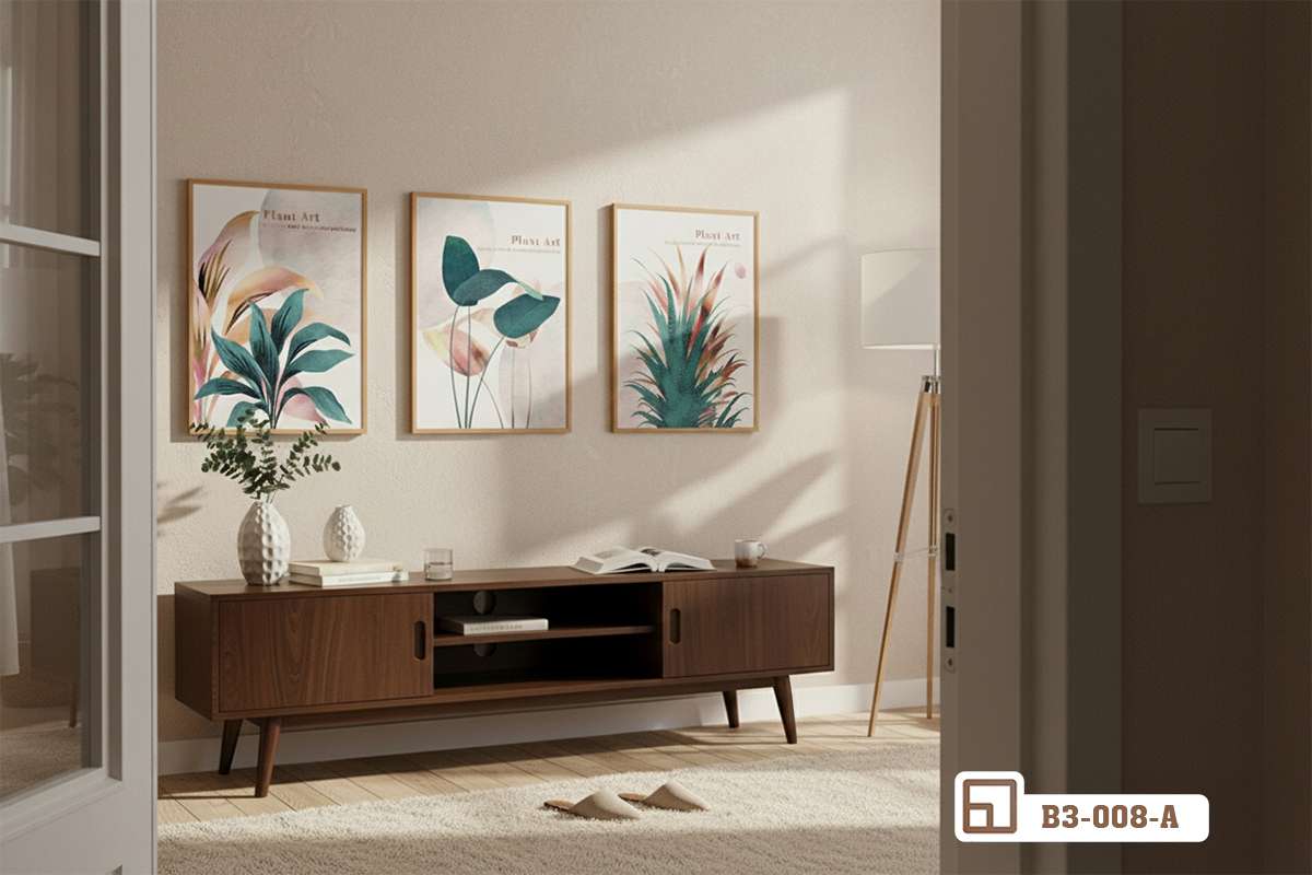 bộ tranh lá cây nhiệt đới treo tường phòng khách sang trọng bộ ba tranh lá cây nhiệt đới treo trên tủ gỗ tối màu trong phòng khách rộng rãi