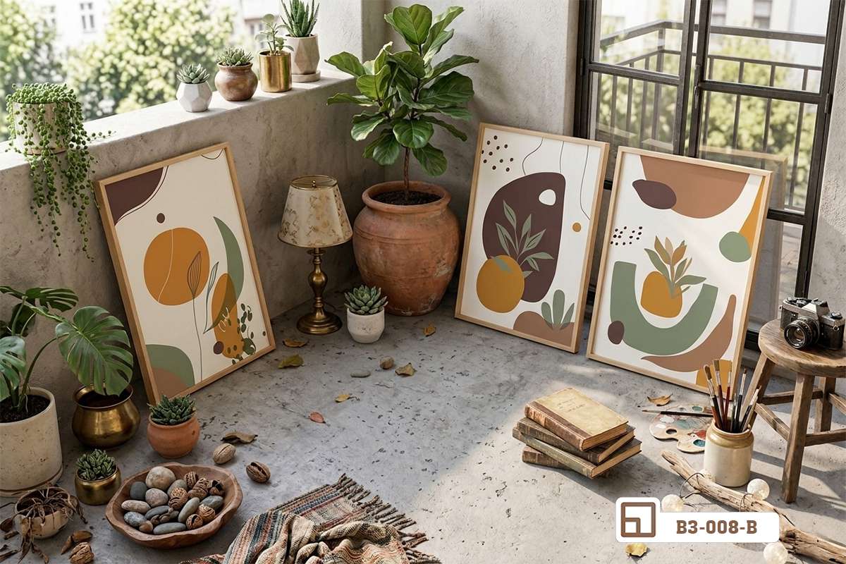 bộ ba tranh trừu tượng tối giản đặt sàn góc ban công ngập cây xanh bộ ba tranh trừu tượng tối giản đặt sàn độc đáo bên chậu cây gốm mộc mạc trong không gian khoáng đạt thời thượng