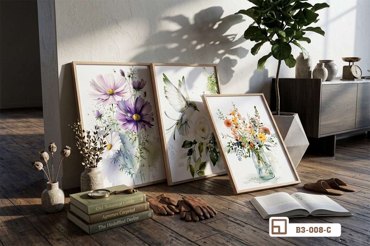 tranh hoa cỏ nghệ thuật đặt dựng góc sân vườn mộc mạc thư thái Bức tranh hoa cỏ nghệ thuật đặt dựng tự nhiên ở góc sân vườn mộc mạc thư thái