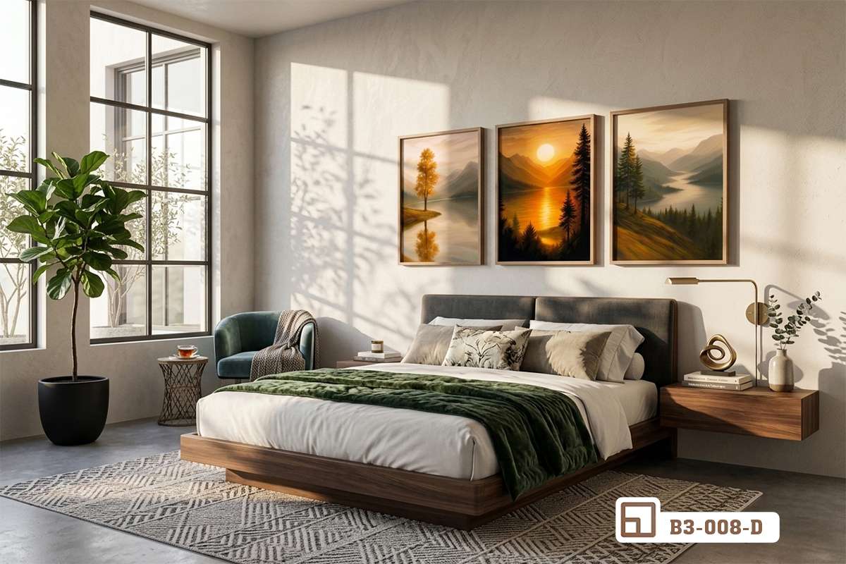 tranh phong cảnh hoàng hôn treo phòng ngủ ấm cúng thời thượng Bộ ba tranh phong cảnh hoàng hôn canvas treo phía trên đầu giường ngủ bọc nỉ sang trọng trong phòng ngủ tối giản