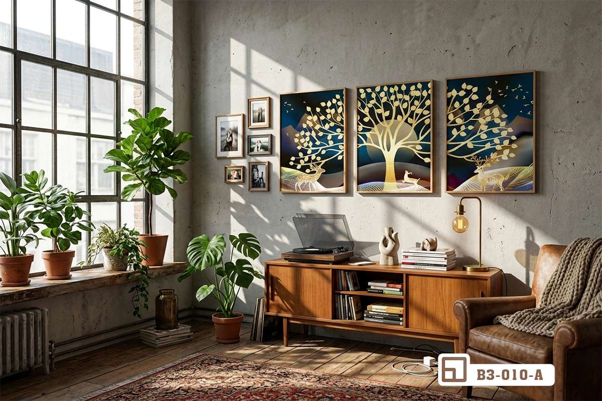 bộ tranh hươu vàng nghệ thuật góc nhìn cận cảnh ấm cúng với chi tiết ánh kim lấp lánh Góc nhìn cận cảnh ấm cúng làm nổi bật những đường nét ánh kim lấp lánh của bộ tranh hươu vàng nghệ thuật