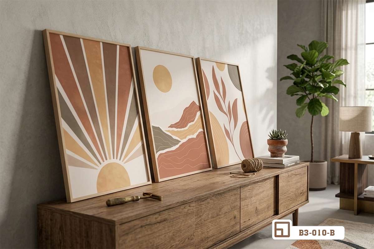 bộ tranh phong cảnh hoàng hôn đặt trên kệ gỗ mộc mạc phong cách tối giản Không gian mộc mạc với bộ tranh phong cảnh hoàng hôn điểm tô trên kệ gỗ dài phong cách tối giản