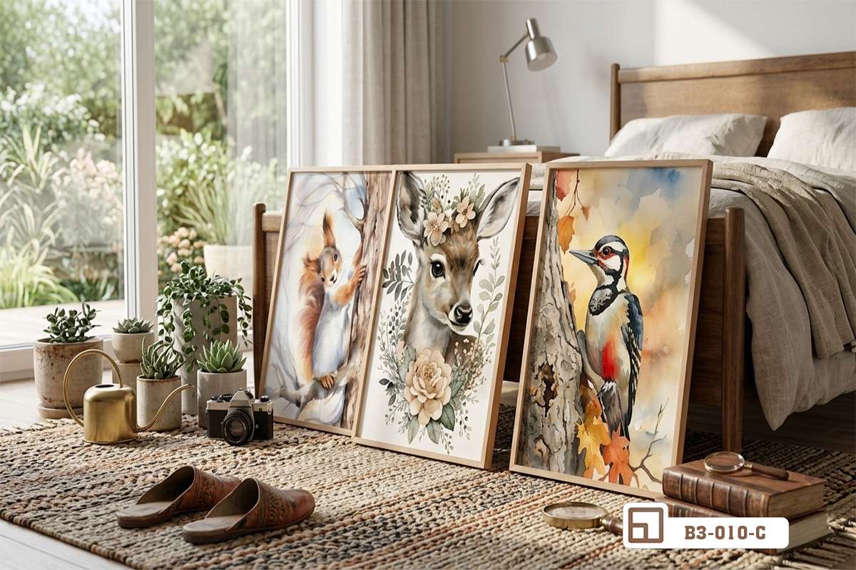 bộ tranh động vật Bắc Âu phối cảnh phòng ngủ ấm áp gần gũi thiên nhiên Bộ tranh chủ đề động vật Bắc Âu đặt tựa sàn phòng ngủ gỗ mộc mạc và ấm cúng