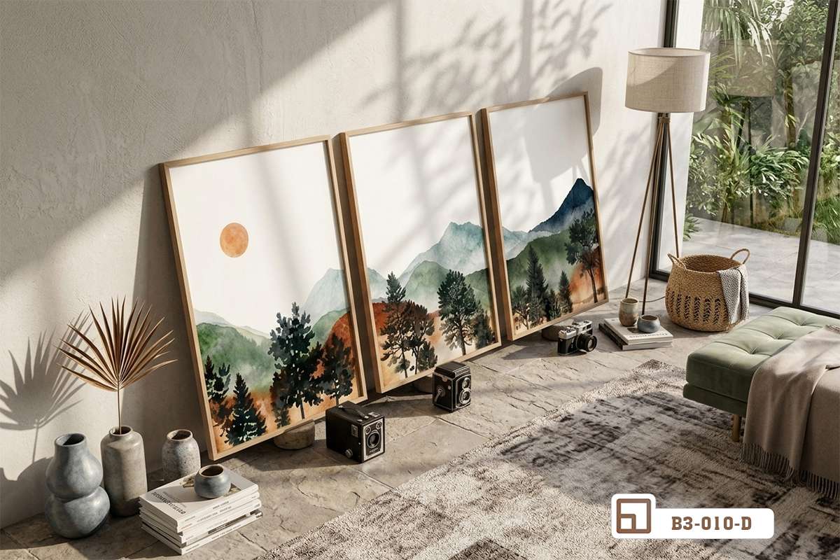 bo tranh doi nui tua san nha ben tham det gan cua so lon Bộ tranh phong cảnh đồi núi tựa sàn nhà bên thảm dệt gần cửa sổ lớn đón ánh nắng vàng ấm áp