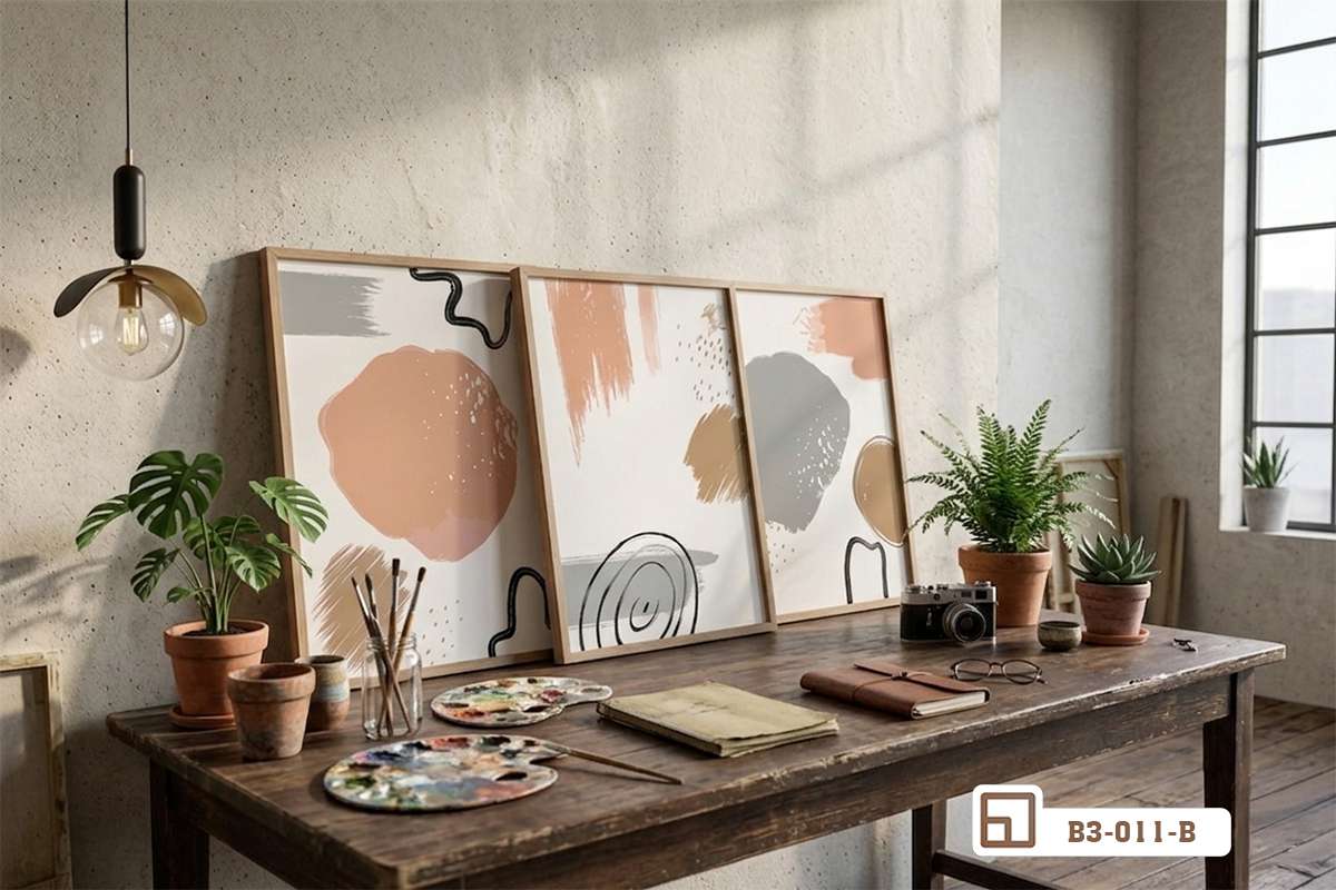 bộ tranh trừu tượng hiện đại đặt trên kệ gỗ dài phòng làm việc Góc làm việc sáng tạo với bộ tranh trừu tượng hiện đại đặt ngay ngắn trên kệ gỗ dài