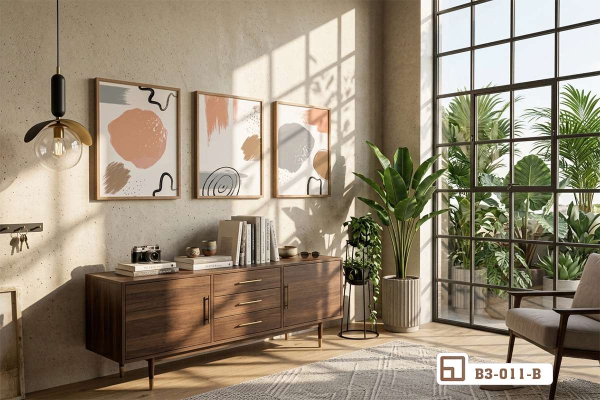 bộ tranh trừu tượng hiện đại treo tường phía trên hệ tủ gỗ dài Bộ tranh trừu tượng hiện đại bố trí hài hòa phía trên hệ tủ gỗ dài trong phòng khách