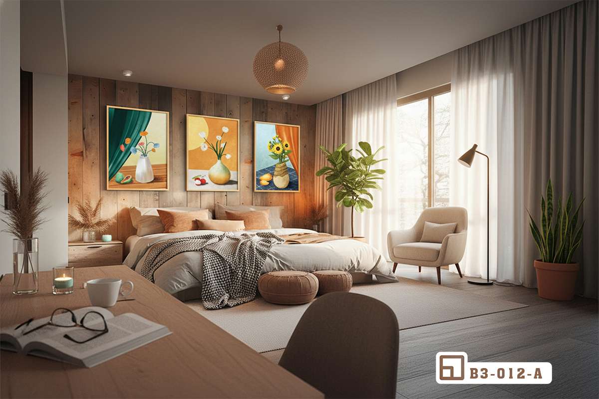 tranh tĩnh vật bình hoa kết hợp cùng góc bàn làm việc gỗ trầm ấm áp Góc bàn làm việc gỗ trầm ấm áp kết hợp hoàn hảo cùng bộ tranh tĩnh vật bình hoa nghệ thuật