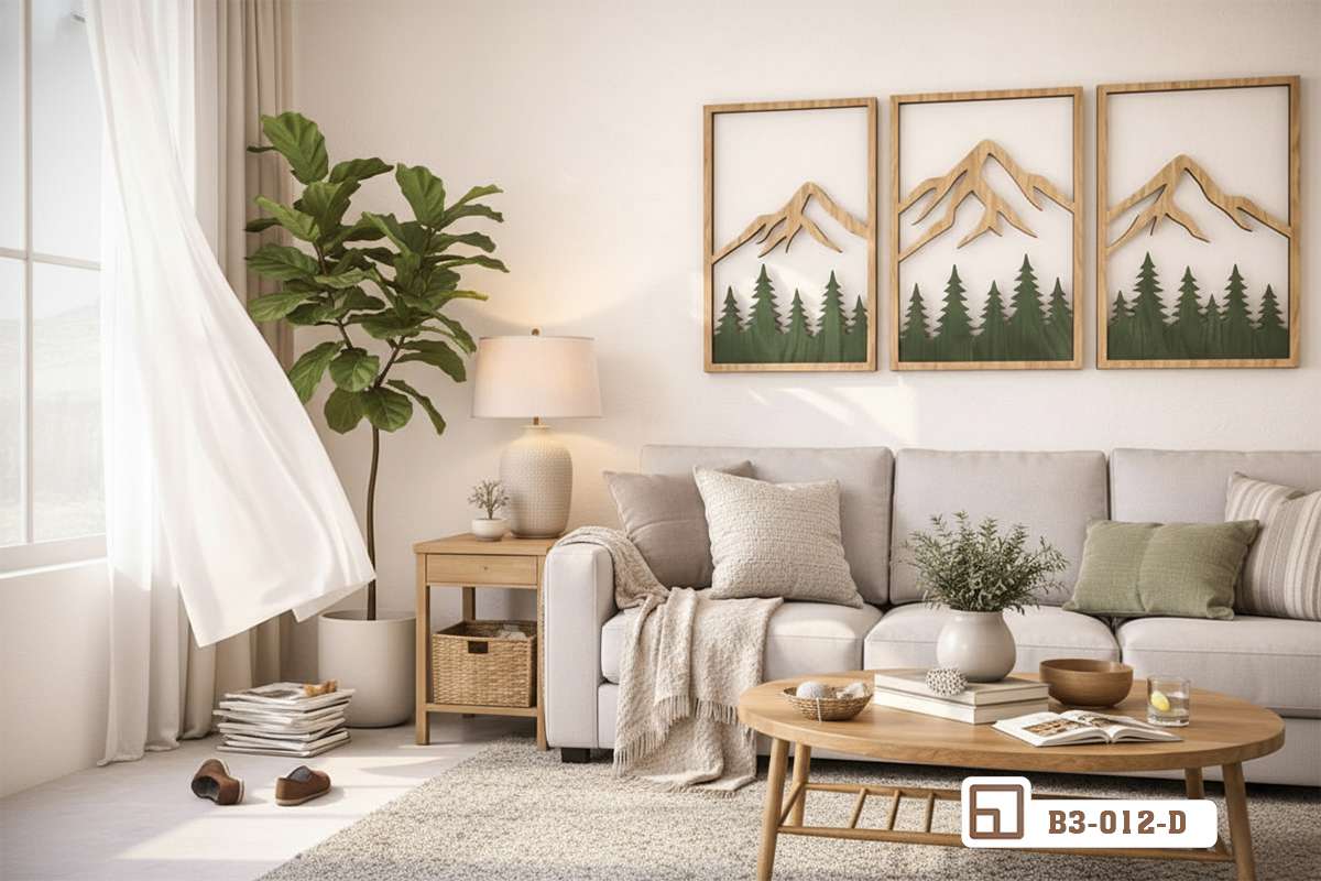 bộ tranh phong cảnh núi rừng treo tường phòng khách hiện đại cạnh sofa Bộ tranh phong cảnh núi rừng treo tường phòng khách hiện đại cạnh ghế sofa và cây xanh thoáng đãng