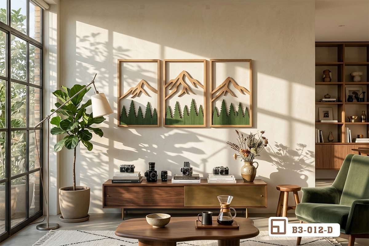 tranh phong cảnh núi rừng nghệ thuật tối giản cho nhà sang trọng hiện đại Tranh phong cảnh núi rừng nghệ thuật tối giản cho nhà sang trọng với bàn trà gỗ và ghế armchair