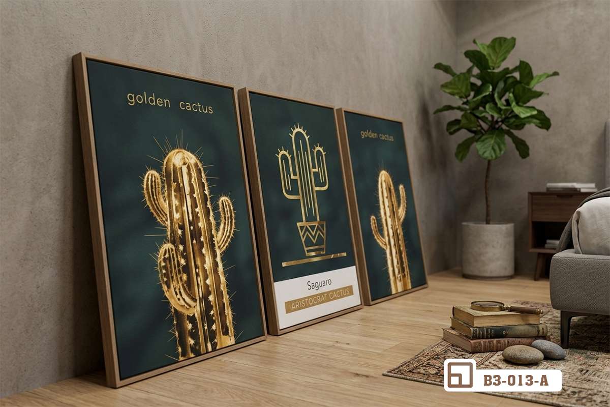 tranh cây xương rồng nghệ thuật dựng sàn tông màu trầm ấm Tranh cây xương rồng nghệ thuật dựng trên sàn gỗ với tông màu trầm ấm và cây xanh trang trí