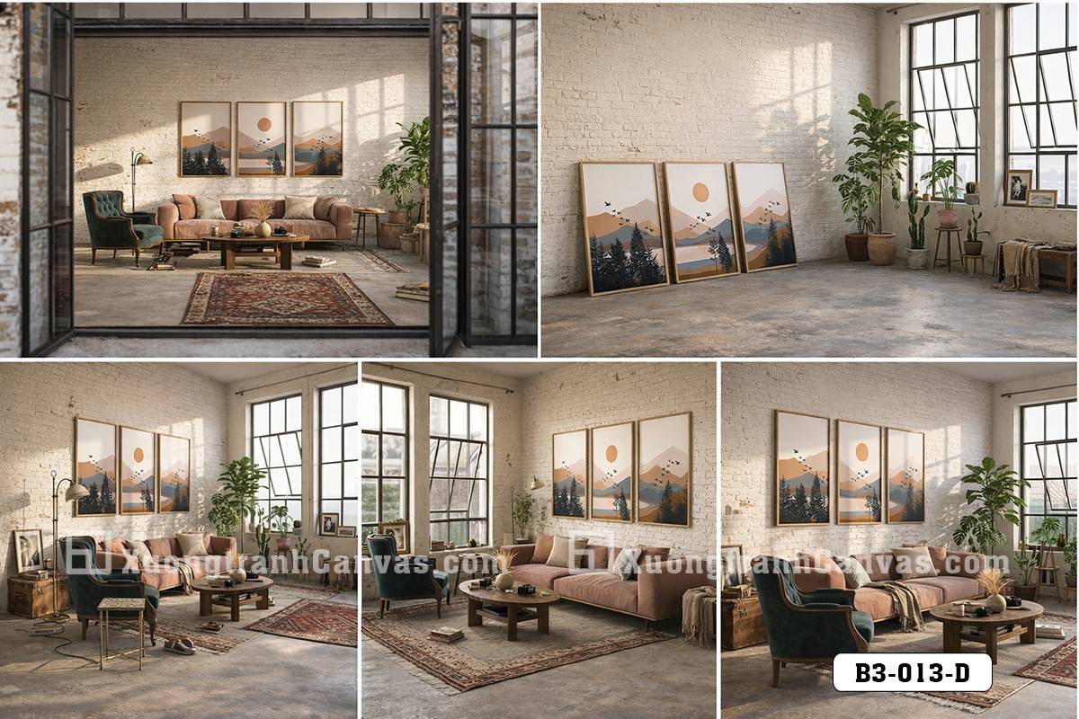 Tranh Canvas Bình Minh Trên Núi Tông Cam Đất Phong Cách Modern Boho