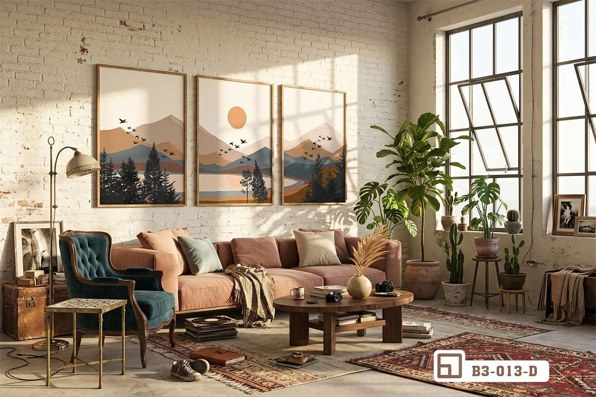 bộ ba tranh phong cảnh hoàng hôn treo tường phòng khách biệt thự sang trọng Bộ ba tranh phong cảnh hoàng hôn treo tường phòng khách biệt thự sang trọng bên ghế sofa màu hồng và đèn bàn