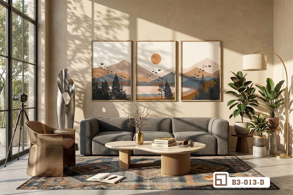 tranh phong cảnh hoàng hôn góc thư giãn thanh lịch cạnh ghế sofa văng xám Tranh phong cảnh hoàng hôn góc thư giãn thanh lịch cạnh ghế sofa văng xám và bàn trà gỗ tròn