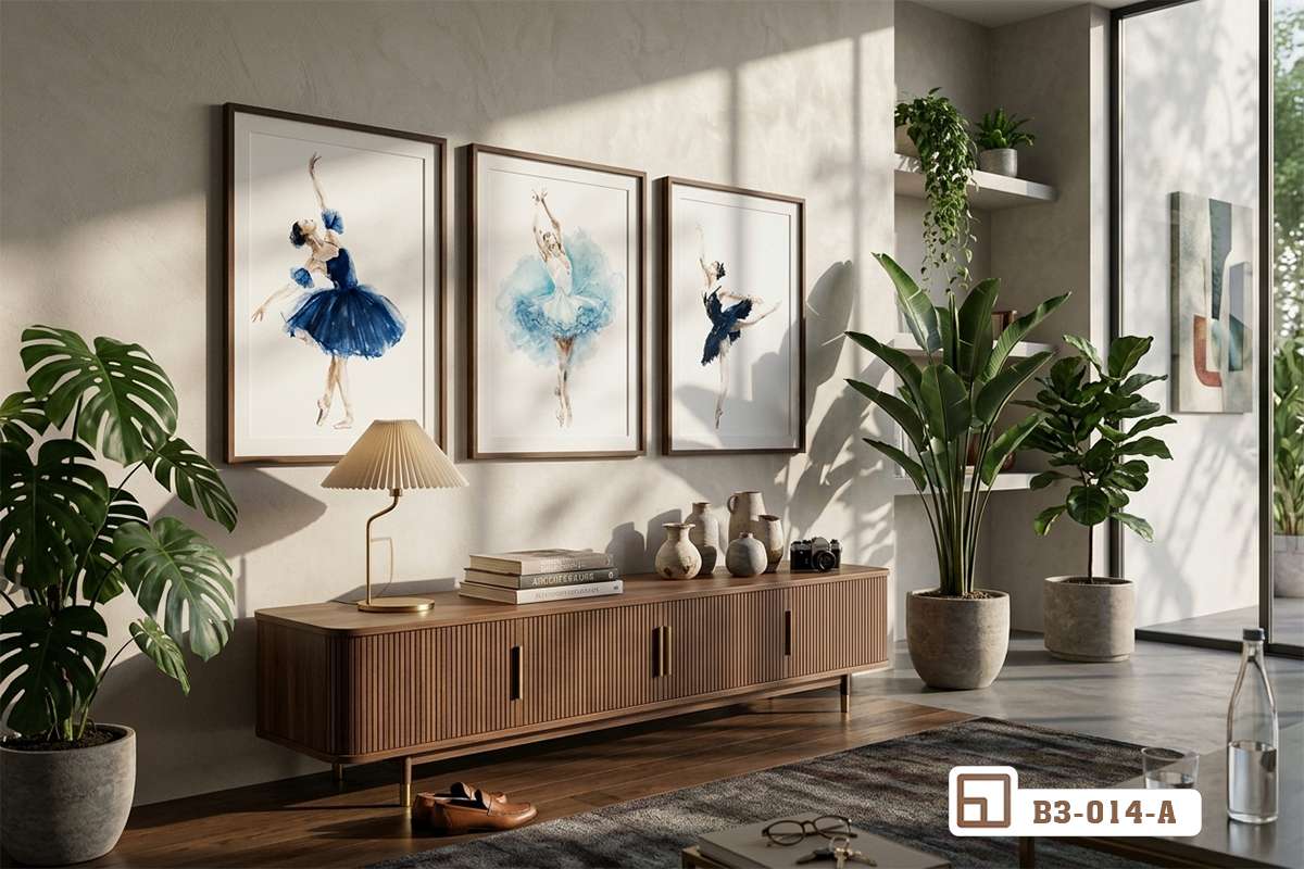 bộ tranh vũ công ballet treo tường phòng khách hiện đại Bộ tranh vũ công ballet treo tường trang trọng phía trên tủ gỗ phòng khách ngập tràn ánh sáng
