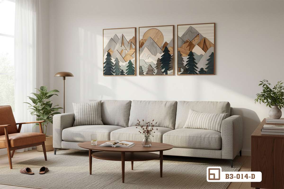 bộ tranh điêu khắc gỗ hiện đại cho phòng khách lớn sau ghế sofa Bộ tranh điêu khắc gỗ hiện đại cho phòng khách lớn bài trí phía sau bộ ghế sofa văng xám bọc nỉ
