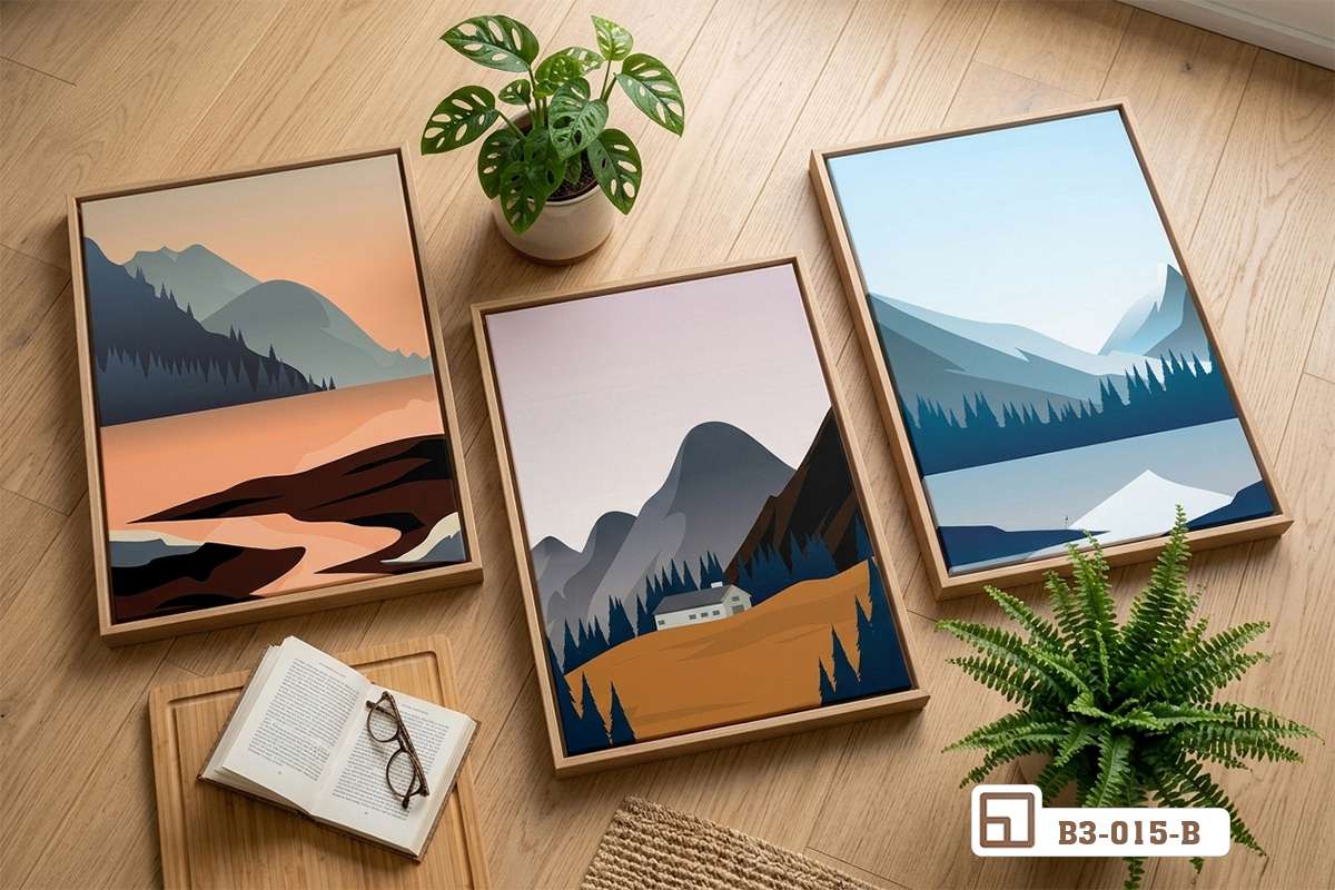 bộ ba tranh phong cảnh tối giản tựa sàn gỗ ngập tràn ánh nắng và chậu cây xanh Góc nhìn cận cảnh bộ ba tranh phong cảnh tối giản tựa sàn gỗ ngập tràn ánh nắng ấm áp cùng chậu cây xanh mát mắt