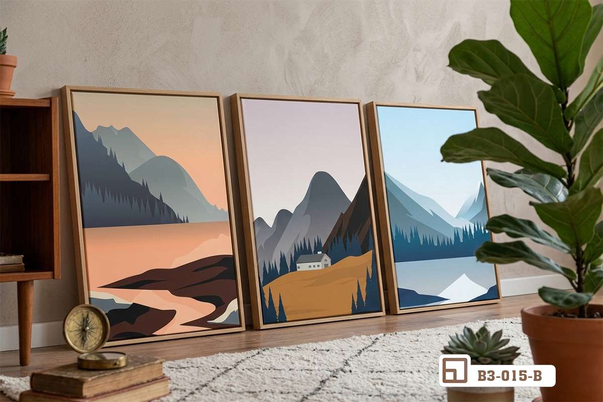 bộ tranh phong cảnh tối giản bố cục đặt sàn phòng khách lớn trên thảm lông trắng Bộ tranh phong cảnh tối giản có bố cục đặt trực tiếp dưới sàn phòng khách lớn trải thảm lông trắng sang trọng