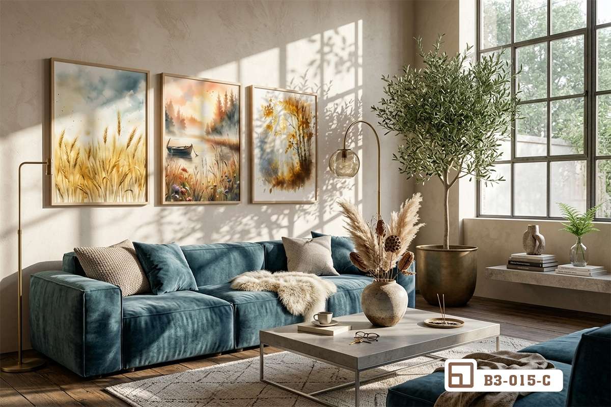 tranh phong canh mua thu treo tuong tren ghe sofa xanh Tranh phong cảnh mùa thu treo tường phía trên ghế sofa xanh sang trọng phòng khách
