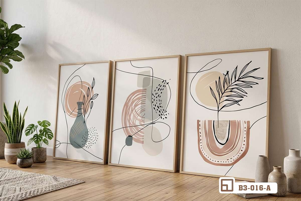 bộ tranh tối giản hiện đại treo sát tường phòng khách sang trọng Bộ ba bức tranh tối giản hiện đại treo sát tường phòng khách sang trọng, nổi bật với khung gỗ mỏng và ánh sáng tự nhiên rọi vào