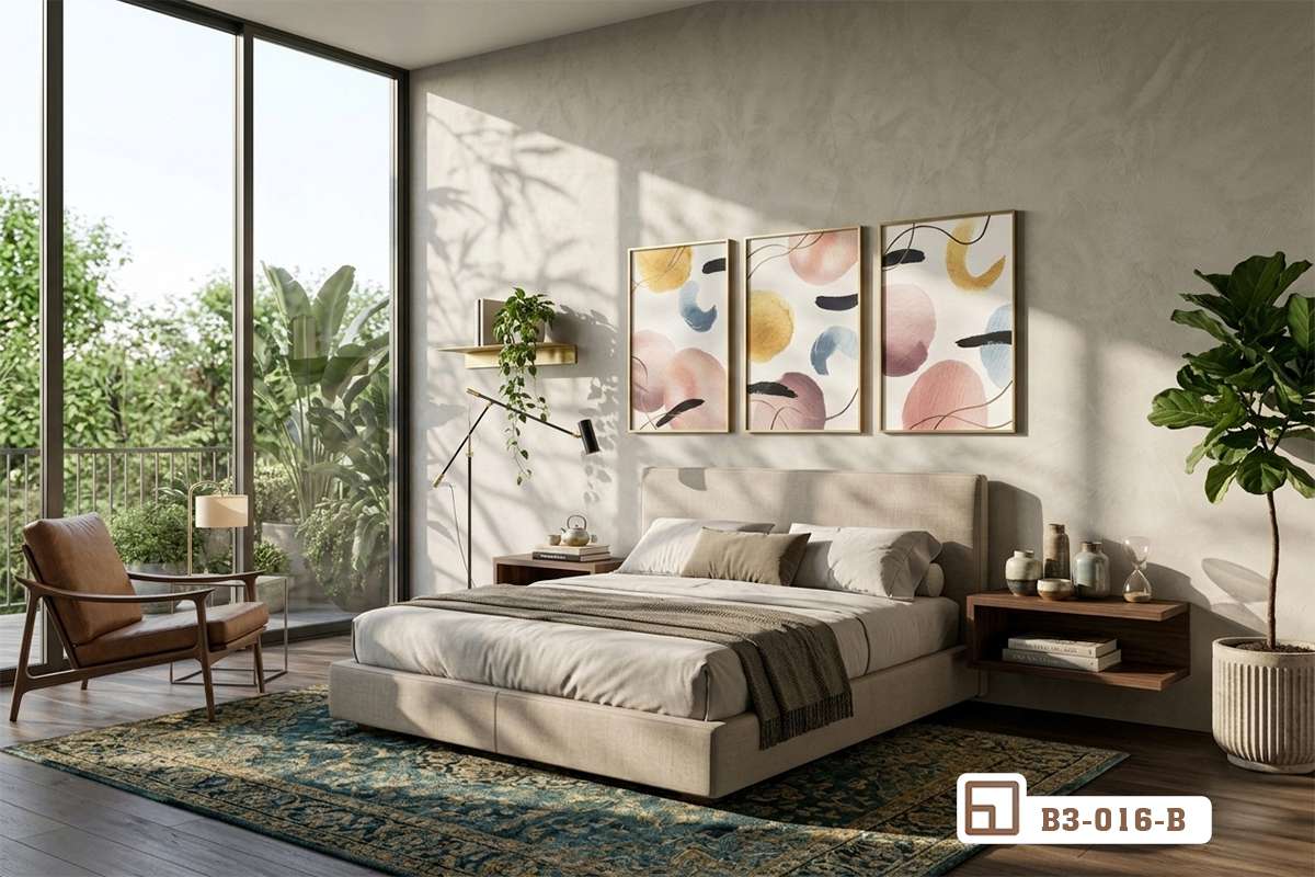tranh trừu tượng màu nước treo không gian mở phóng khoáng Góc nhìn rộng mở hiện đại với các khung tranh trừu tượng màu nước bố trí sát tường bê tông mài