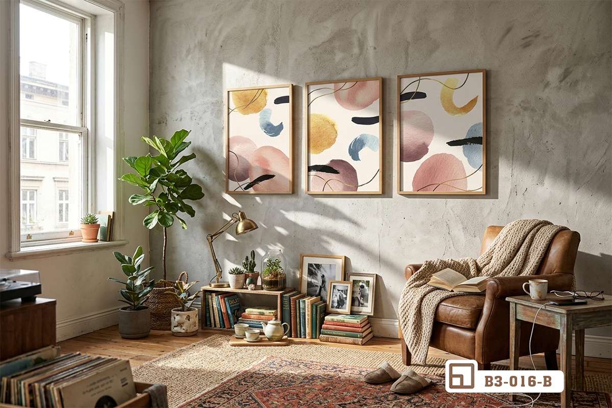 bộ tranh trừu tượng màu nước góc đọc sách thư giãn Góc đọc sách thư giãn ấm cúng bên khung cửa sổ ngập tràn ánh sáng với bộ tranh nghệ thuật