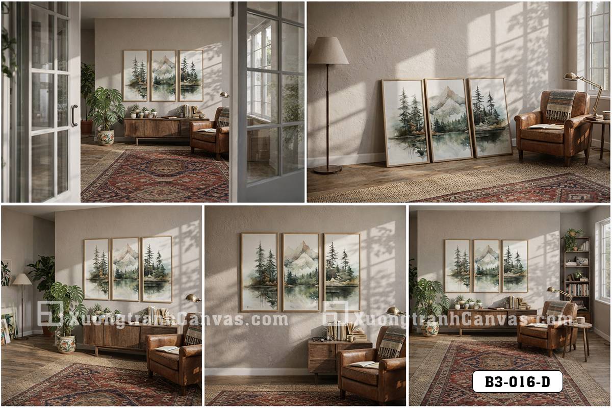 Tranh Canvas Thủy Mặc Núi Rừng Xanh Sage Tĩnh Lặng Cho Phòng Khách