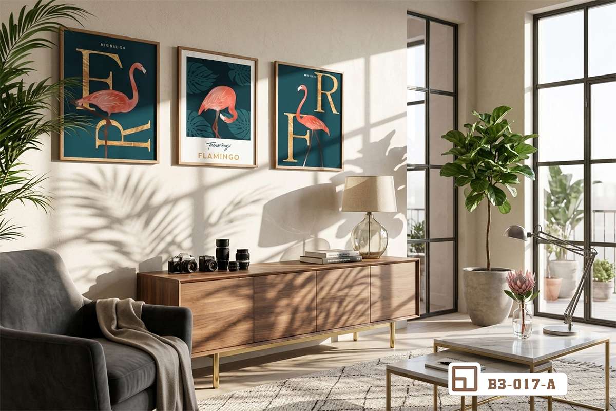 bộ tranh chim hồng hạc treo tường phòng khách hoàng gia cổ điển Bộ tranh chim hồng hạc treo tường phòng khách hoàng gia cổ điển kết hợp tủ gỗ dài và ghế bành bọc vải nhung trầm