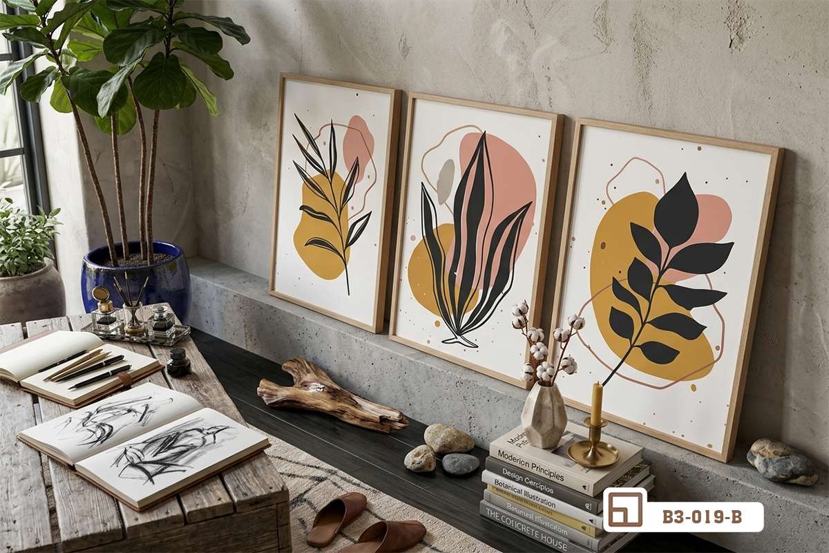 bộ tranh lá cây tối giản sắp xếp góc sàn mộc mạc ấm áp Góc sàn nhà mộc mạc ấm áp với bộ tranh lá cây tối giản và đồ decor gốm sứ