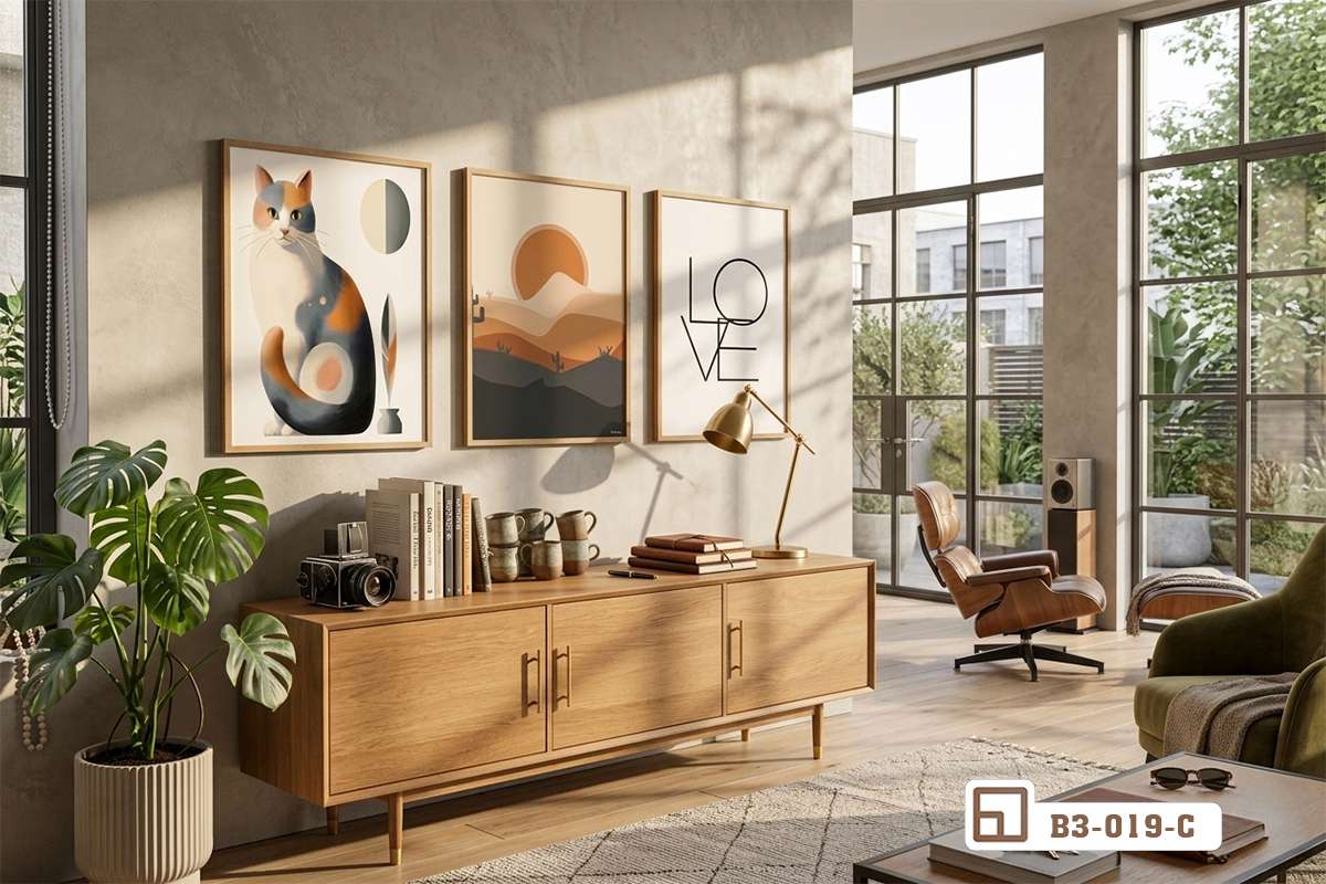 bộ ba tranh phong cách Bắc Âu treo tường phòng khách hiện đại kết hợp tủ gỗ dài bộ ba tranh canvas Bắc Âu nghệ thuật đương đại treo tường phòng khách sang trọng tràn ngập ánh sáng tự nhiên
