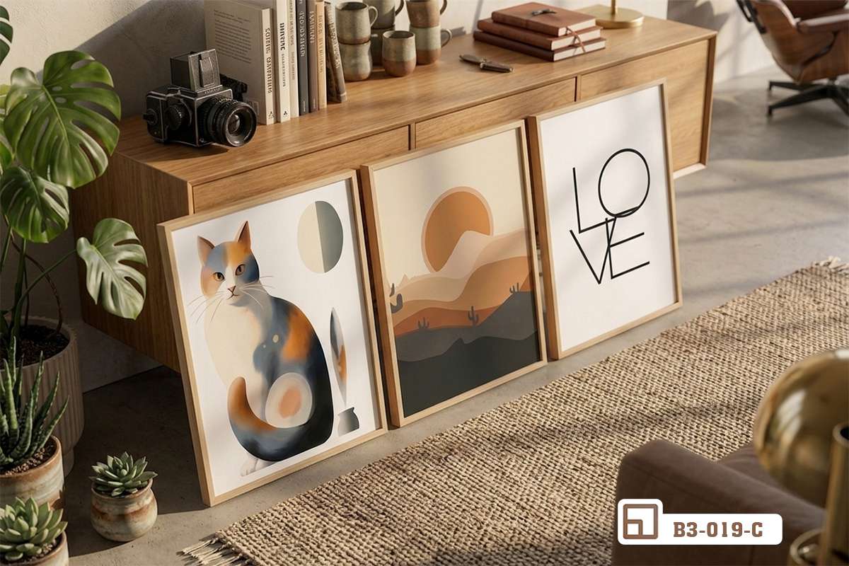 bộ tranh phong cách Bắc Âu tựa tường góc phòng khách mộc mạc bên tủ gỗ và ghế thư giãn cận cảnh bộ ba tranh canvas phong cách Bắc Âu tựa sát tường mộc mạc trong phòng khách hiện đại