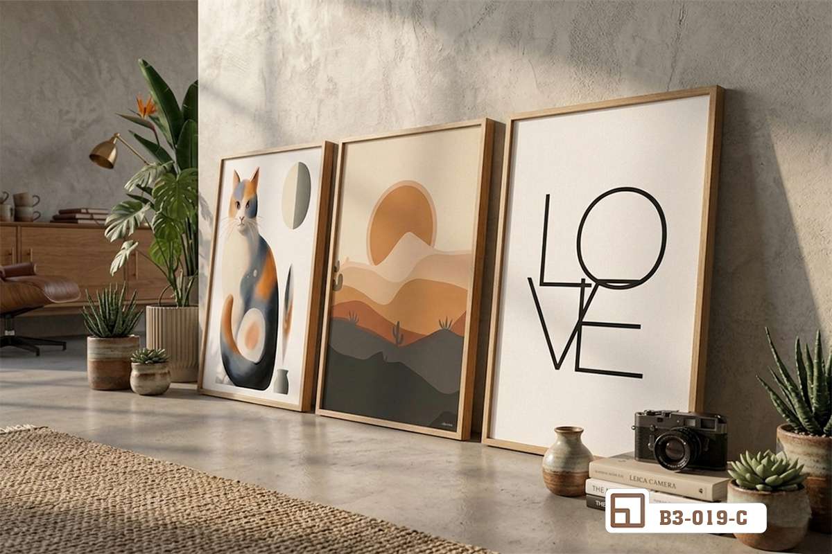 tranh phong cách Bắc Âu bố cục đặt sàn góc xanh thiên nhiên bên chậu cây cảnh sang trọng bộ ba tranh canvas Bắc Âu đặt dưới sàn nhà kết hợp góc tiểu cảnh cây xanh tươi mát trong phòng