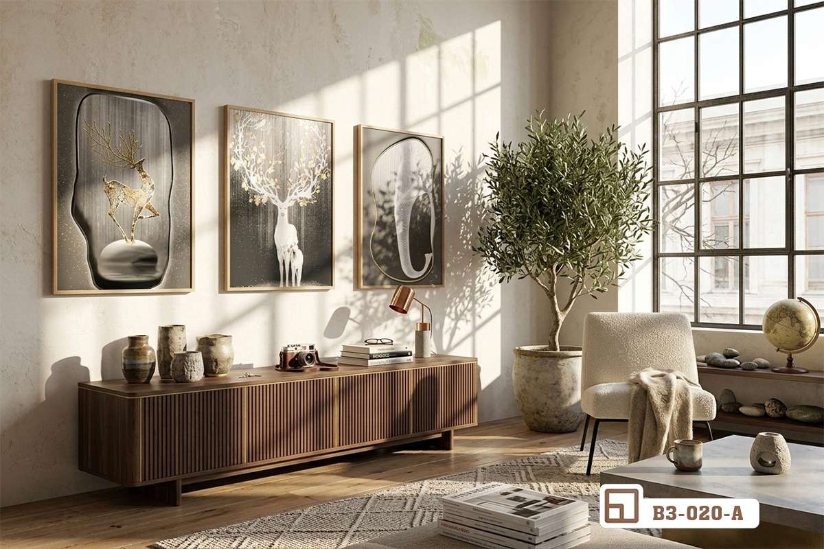 tranh hươu vàng nghệ thuật treo tường dài kết hợp tủ trang trí thấp gỗ óc chó Tranh hươu vàng nghệ thuật khổ dài treo tường kết hợp tủ trang trí nội thất phòng khách hiện đại