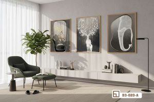 Tranh hươu vàng nghệ thuật - Đỉnh cao không gian sống thượng lưu và sang trọng. B3 020 A m7 tranh huou vang nghe thuat goc nhin phong khach ghe sofa xam xuongtranhcanvas