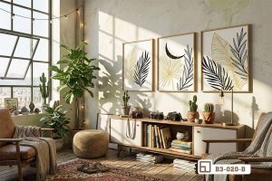 Tranh lá cây tối giản - Định hình phong cách sống tinh tế và thanh lịch vượt thời gian. B3 020 B m7 tranh la cay toi gian khung canh nang som chieu roi phong khach xuongtranhcanvas