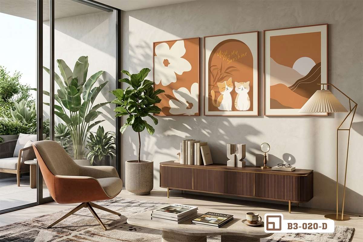 bộ tranh phong cách Bắc Âu treo tựa sàn phòng khách hiện đại Bộ ba bức tranh canvas phong cách Bắc Âu đặt tựa sàn cạnh ghế sofa dài trong phòng khách ngập tràn ánh sáng tự nhiên.
