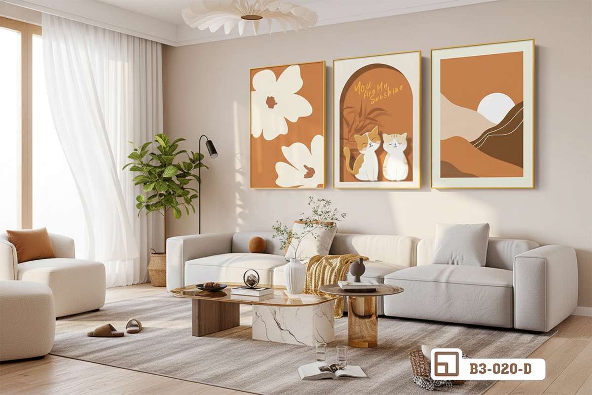 tranh phong cách Bắc Âu treo không gian mở phóng khoáng Không gian mở hiện đại với các khung tranh phong cách Bắc Âu treo tường hài hòa cùng mảng tường sơn trung tính.