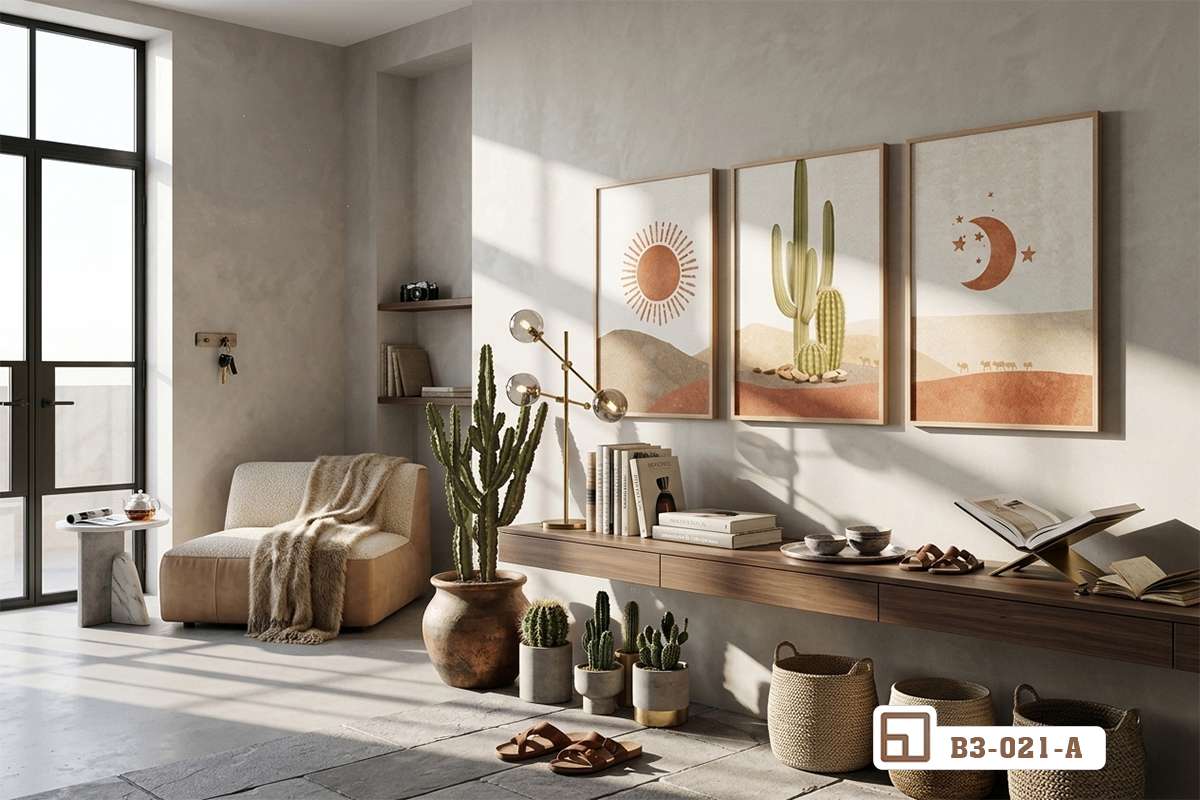 tranh xương rồng sa mạc bố trí phòng khách ghế sofa gỗ hiện đại Bộ ba tranh xương rồng sa mạc treo tường phòng khách kết hợp ghế sofa gỗ sồi sang trọng dưới ánh nắng tự nhiên