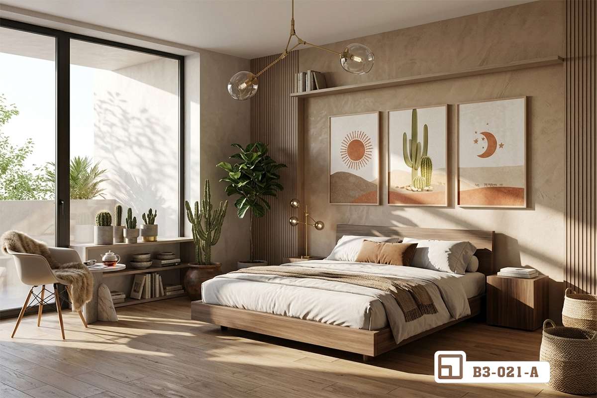 tranh xương rồng sa mạc trang trí không gian phòng ngủ ấm cúng Không gian phòng ngủ tinh tế với tranh xương rồng sa mạc đặt cạnh giường ngủ gỗ và rèm cửa thả nhẹ nhàng