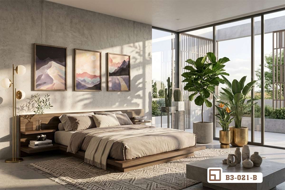 bộ tranh phong cảnh núi non treo tường phòng ngủ master ấm cúng giường gỗ Bộ tranh phong cảnh núi non treo tường trang trí phòng ngủ master ấm cúng với nội thất gỗ tự nhiên