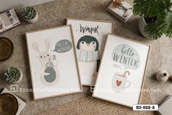 B3 022 A Tranh Canvas Chim Cánh Cụt Thỏ Con Mùa Đông Pastel Cho Phòng Khách m5