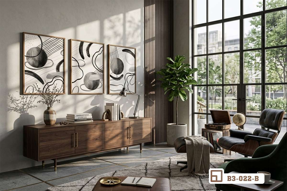 bộ ba tranh trừu tượng đen trắng treo tường phòng khách hiện đại cạnh khung cửa sổ kính lớn bộ ba tranh canvas trừu tượng đen trắng treo tường phòng khách sang trọng tràn ngập ánh sáng