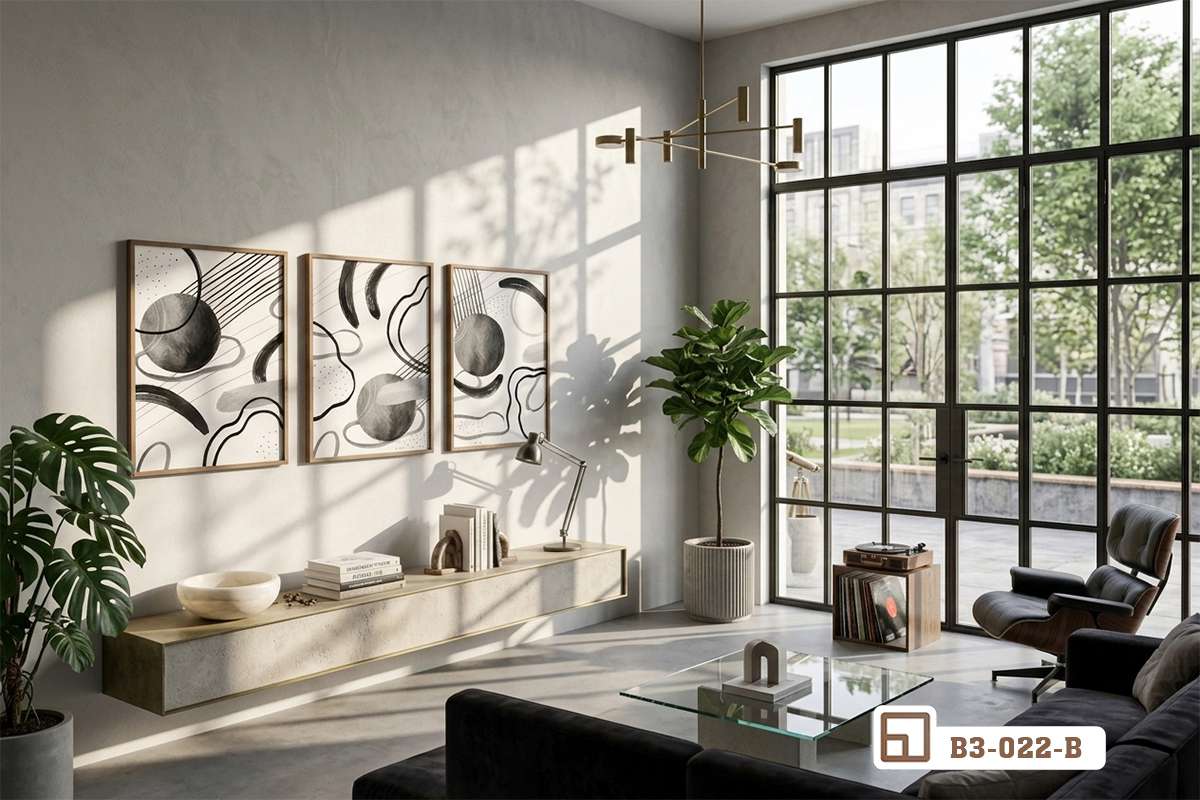 bộ tranh trừu tượng đen trắng phối cảnh không gian mở rộng lớn tràn ngập ánh nắng tự nhiên toàn cảnh không gian phòng khách rộng lớn ngập tràn ánh nắng chiếu lên bộ tranh trừu tượng