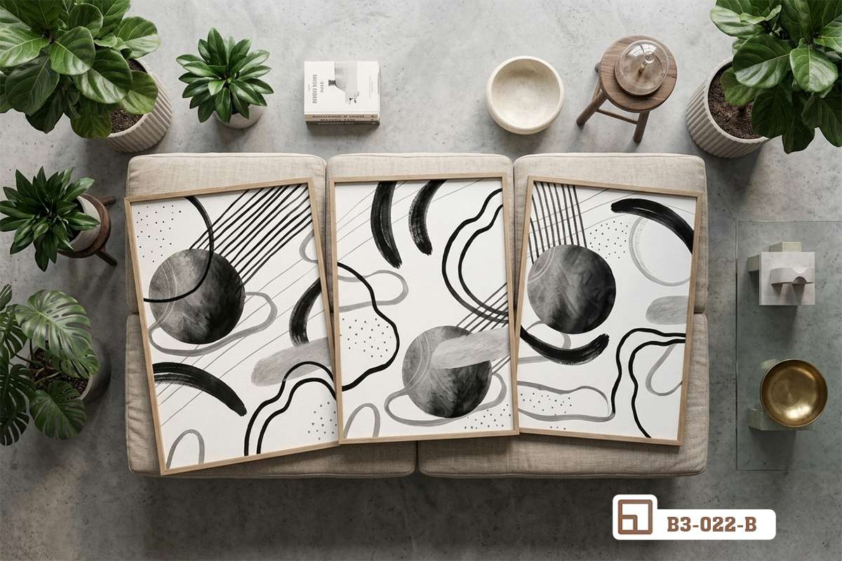 bộ tranh trừu tượng đen trắng bố cục đặt sàn góc xanh thiên nhiên bên chậu cây cảnh tươi mát bộ ba tranh canvas trừu tượng đen trắng đặt dưới sàn nhà kết hợp tiểu cảnh cây xanh trong phòng