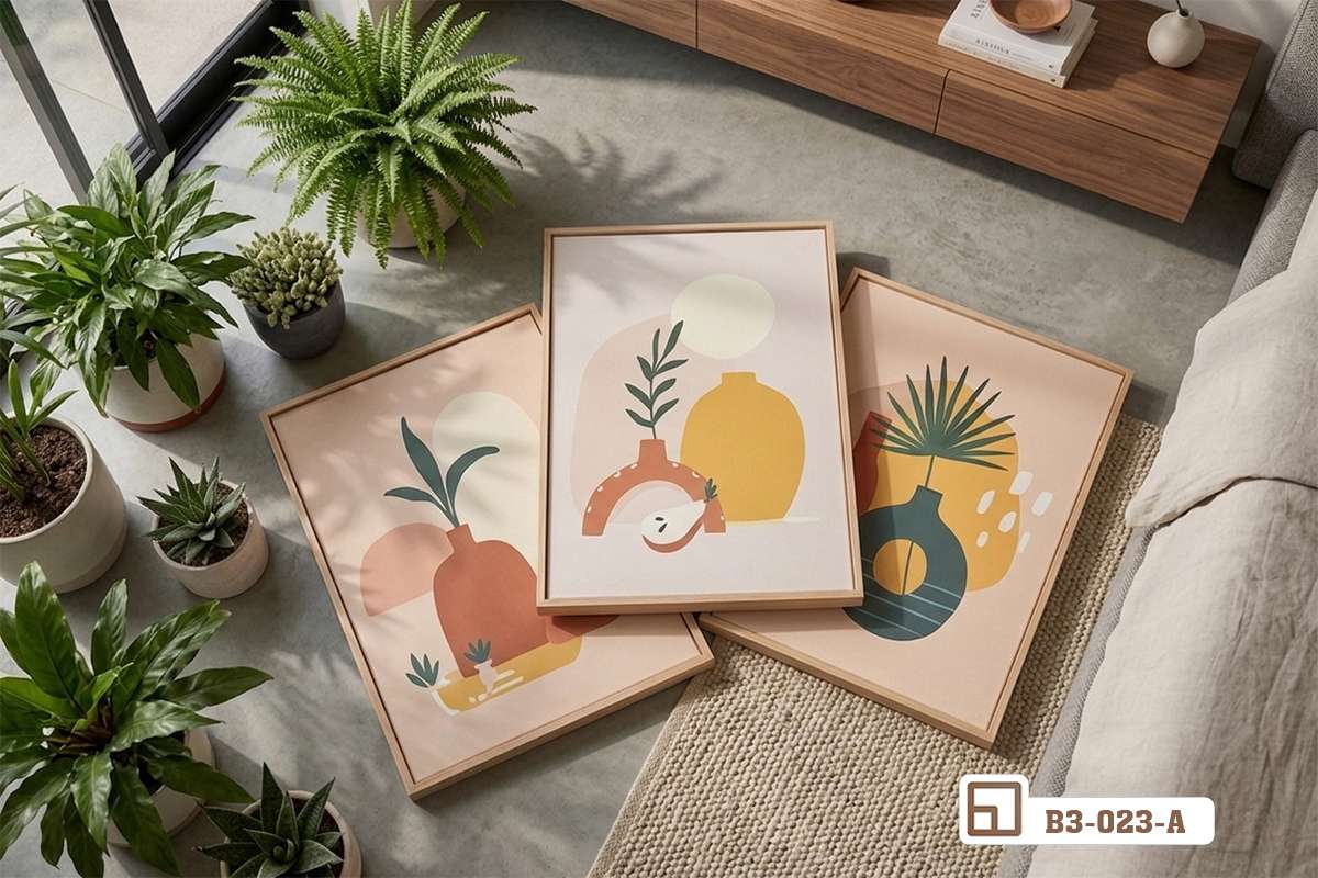 bộ ba tranh tĩnh vật trừu tượng đặt tựa sàn phòng khách Bộ ba tranh tĩnh vật trừu tượng đặt tựa trên sàn gỗ cạnh ghế sofa phòng khách hiện đại ngập tràn ánh sáng tự nhiên