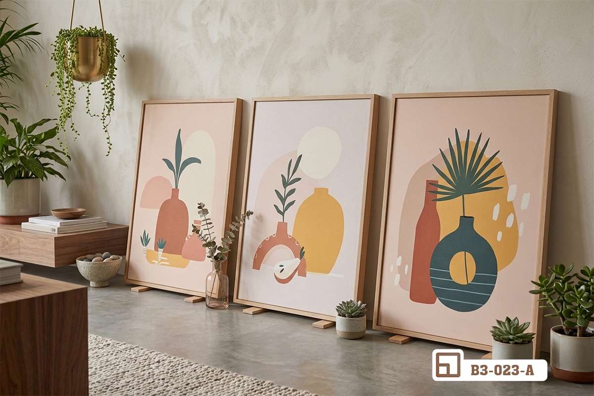 tranh tĩnh vật trừu tượng đặt trên sàn nhà phối thảm phòng khách Bộ tranh tĩnh vật trừu tượng đặt tựa trên sàn nhà phối cùng thảm trải sàn họa tiết và cây xanh trang trí tinh tế