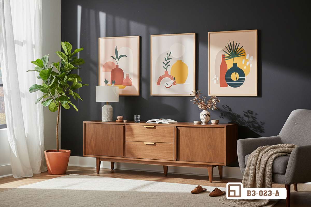 bộ tranh tĩnh vật trừu tượng phòng khách tường xám sang trọng Bộ tranh tĩnh vật trừu tượng bố trí trong phòng khách có mảng tường xám tối màu và tủ gỗ thấp phong cách