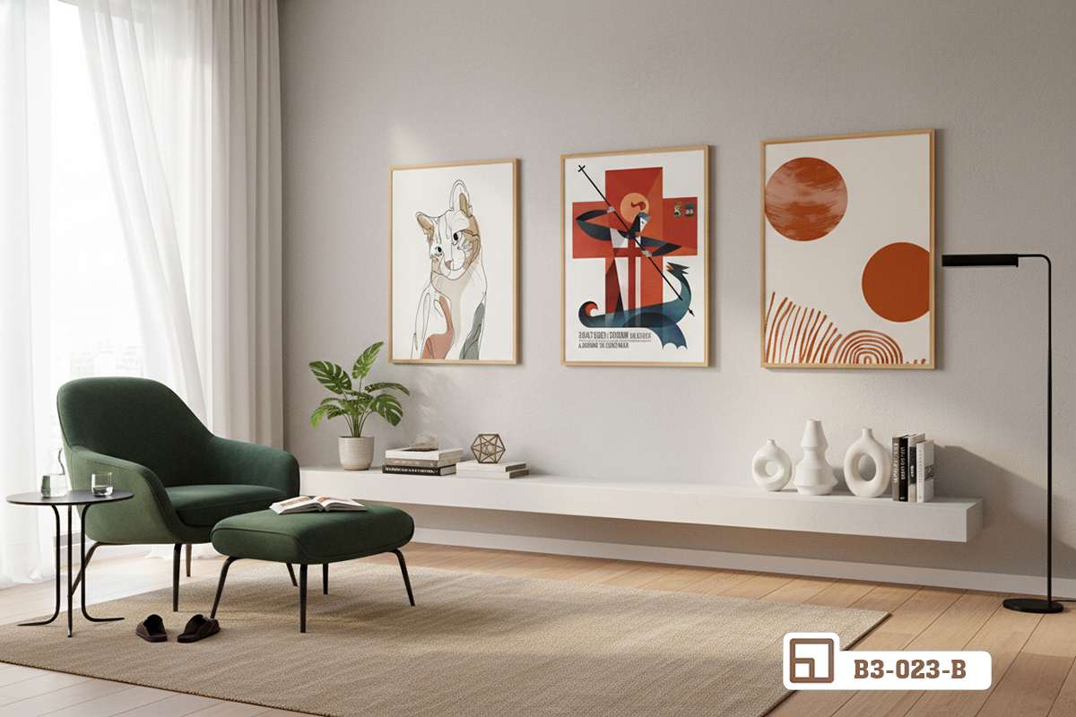 tranh nghệ thuật tối giản treo mảng tường phòng khách trắng Bức tranh nghệ thuật tối giản treo nổi bật trên mảng tường phòng khách màu trắng tinh khôi và hiện đại.