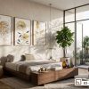 B3 025 A m1 bo tranh duong net hoa la vang kim phong cach hien dai cho phong ngu rong xuongtranhcanvas