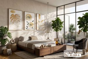 B3 025 A m1 bo tranh duong net hoa la vang kim phong cach hien dai cho phong ngu rong xuongtranhcanvas